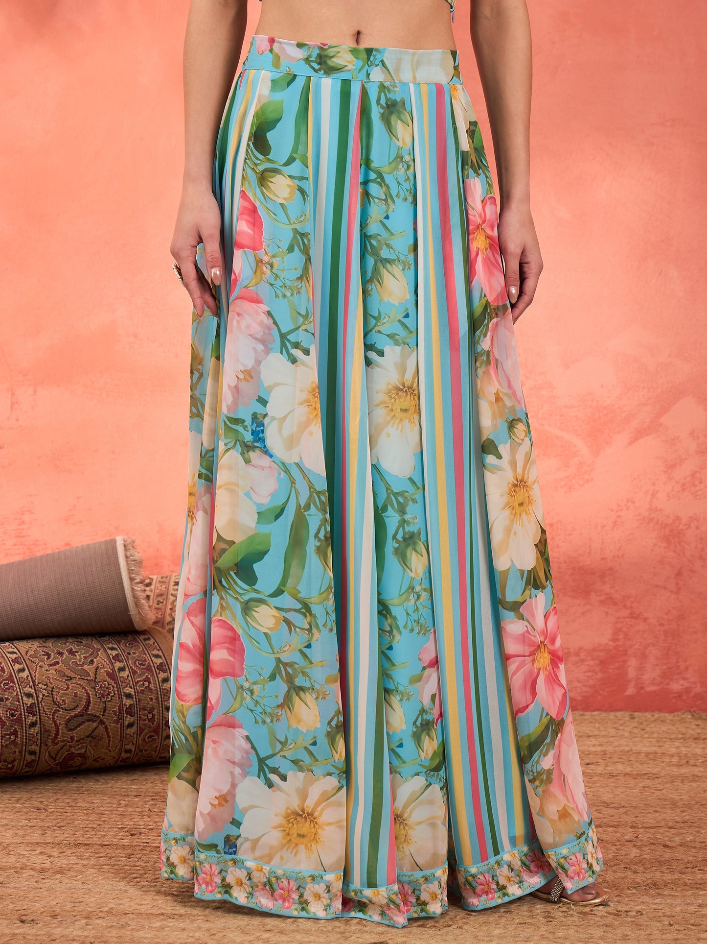 Aqua Blue Floral Sleeveless Crop Top With Anarkali Skirt -Shae by SASSAFRAS