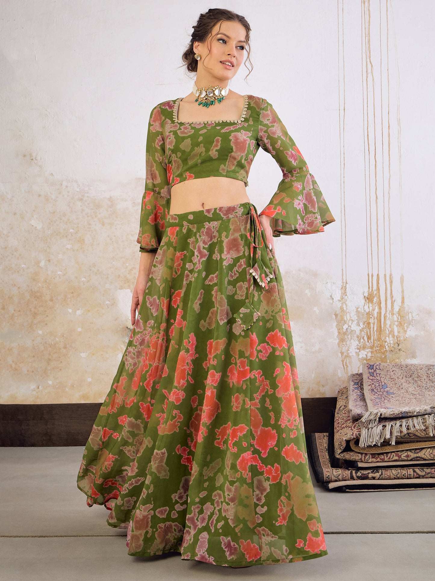 Green Tie & dye Crop Top With Anarkali Skirt-Shae by SASSAFRAS