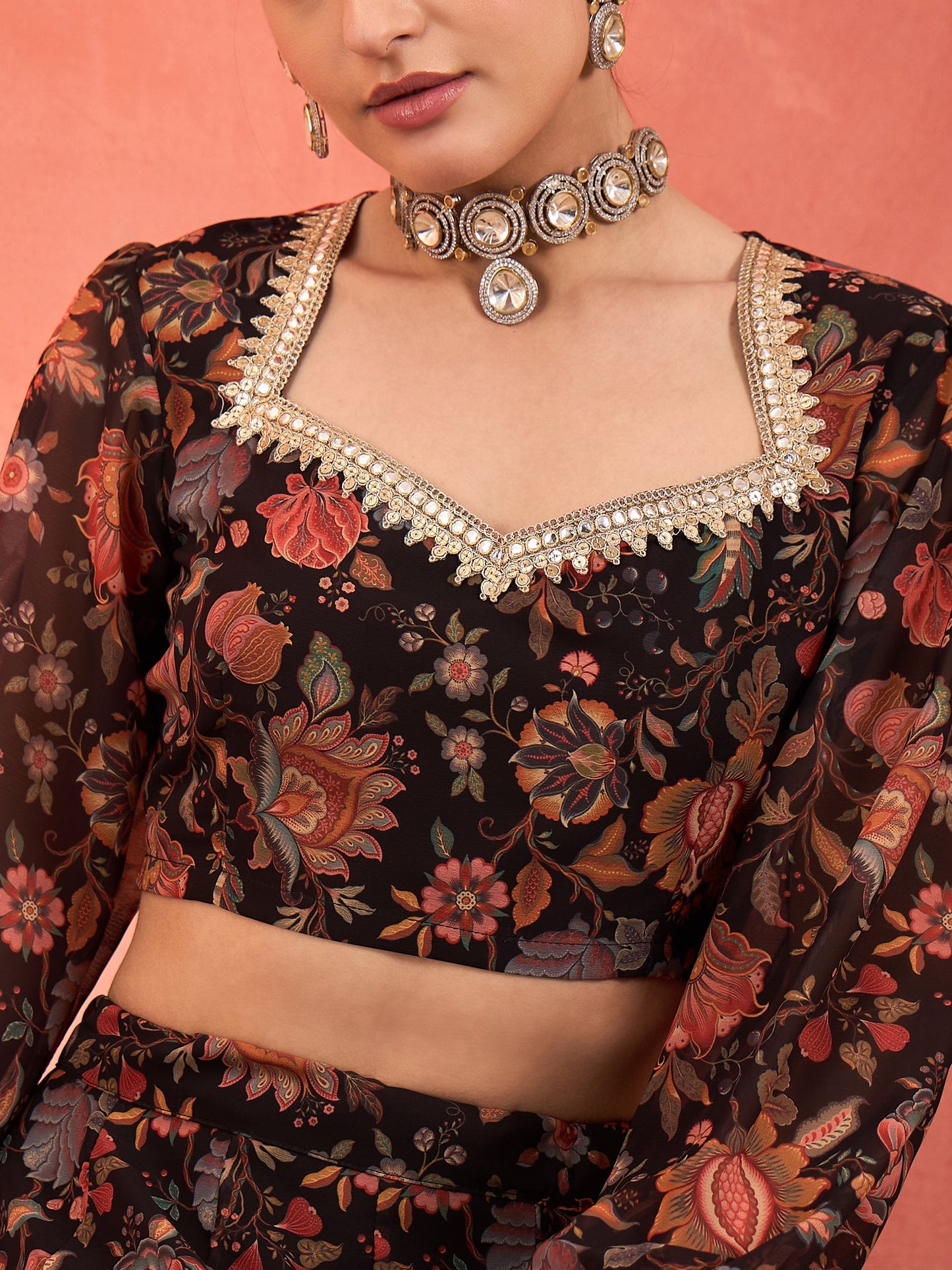 Black Floral Sweetheart Neck Crop Top With Anarkali Skirt-Shae by SASSAFRAS