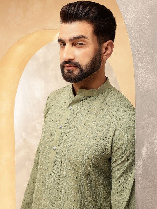 Green Geometric Embroidered Sequinned Band‑Collar Straight Kurta