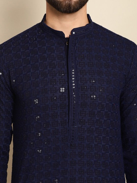 Navy Blue Ethnic Motifs Embroidered Sequinned Mandarin‑Collar Pure Cotton Kurta