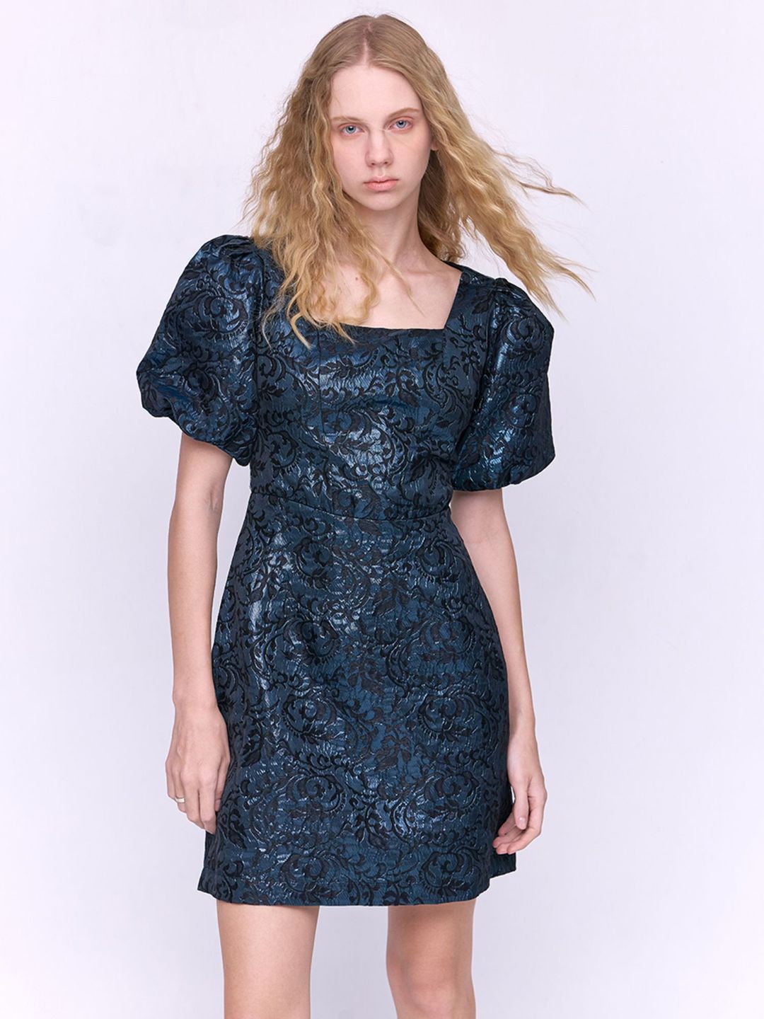 Cover Story Defina Teal Self Design Mini Dress