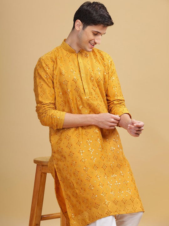 Yellow Ethnic Embroidered Mandarin‑Collar Sequinned Lucknowi Cotton Straight Kurta