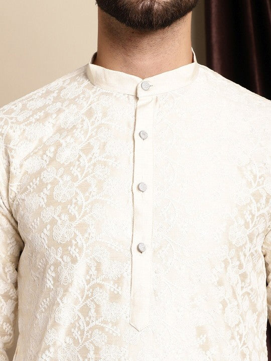 Floral Embroidered Band Collar Regular Kurta with Churidar