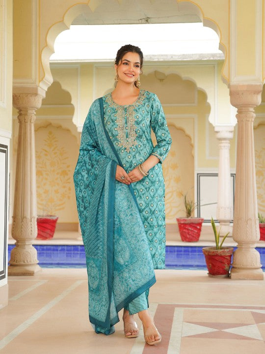 Bandhani Printed Kurta with Trousers & Dupatta