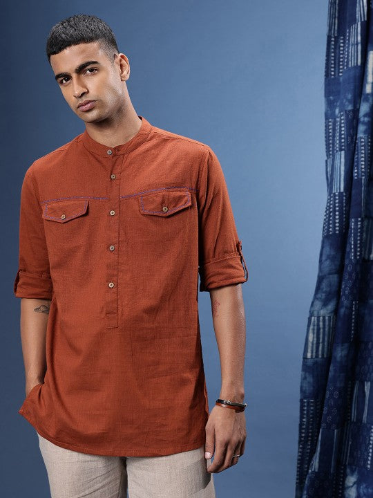 Pure Cotton Thread Work Roll-Up Sleeves Woven Legacy Kurta