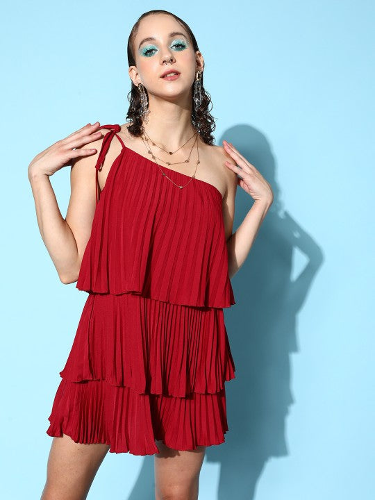 Women Lovely Red Solid Ruffled Dress