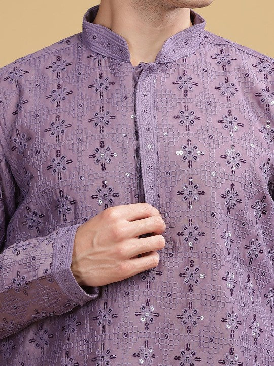 Purple Ethnic Embroidered Mandarin‑Collar Sequinned Lucknowi Cotton Straight Kurta