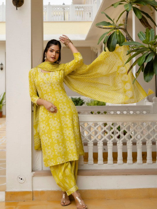 Floral Yoke Design Pure Cotton Straight Kurta with Patiala & Dupatta