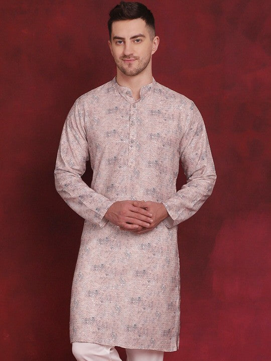Peach Floral Woven Design Cotton Thread‑Work Straight Kurta