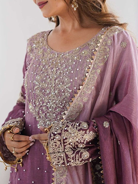 Floral Embroidered Straight Kurta with Sharara & Dupatta