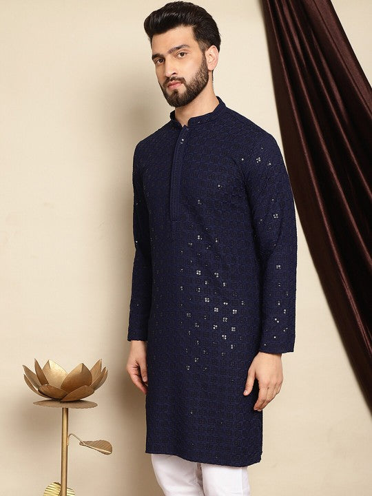 Navy Blue Ethnic Motifs Embroidered Sequinned Mandarin‑Collar Pure Cotton Kurta