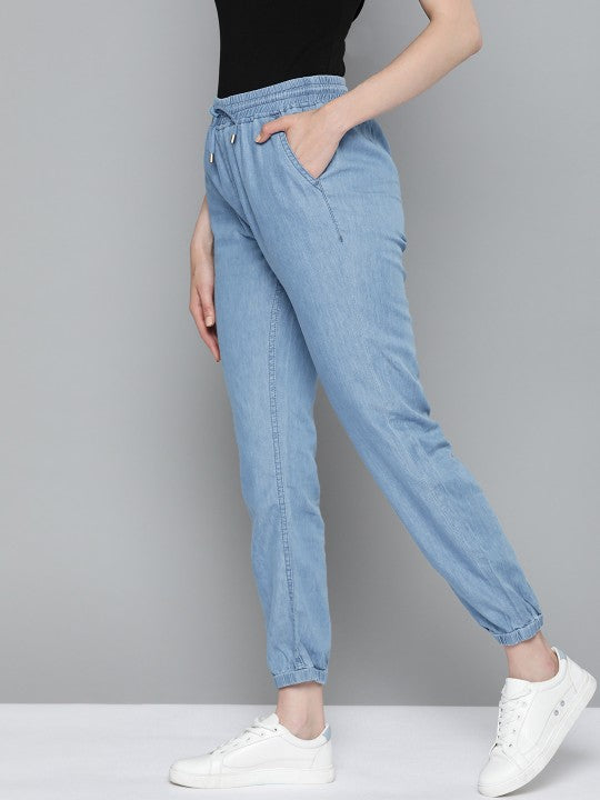 Women Blue Mid-Rise Washed Denim Joggers