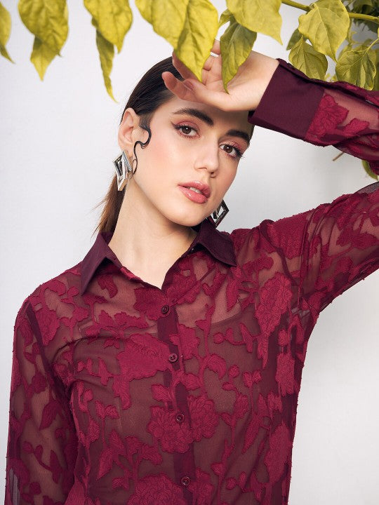 Maroon Self Design Spread Collar Casual Shirt
