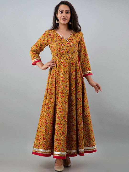 Women Mustard Yellow & Red Ethnic Motifs Printed Angrakha Anarkali Kurta