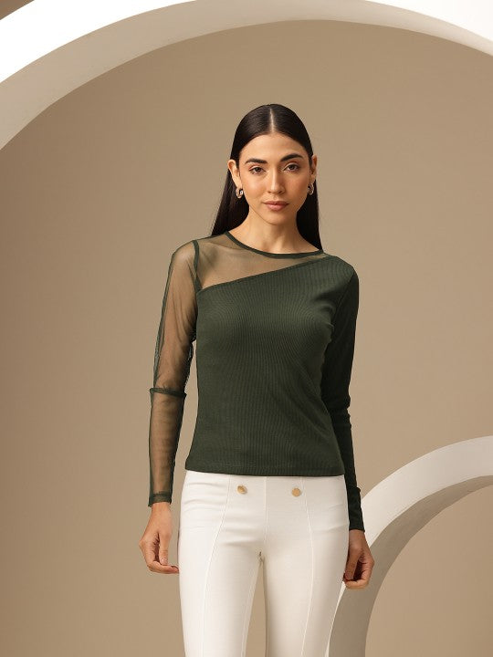 Contrast Net Sleeves Ribbed Top