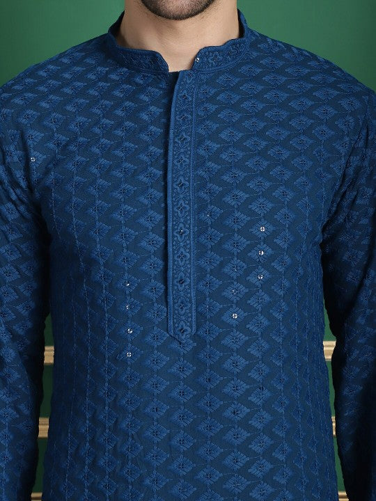 Checked Woven Design Mandarin Collar Long Sleeves Kurta