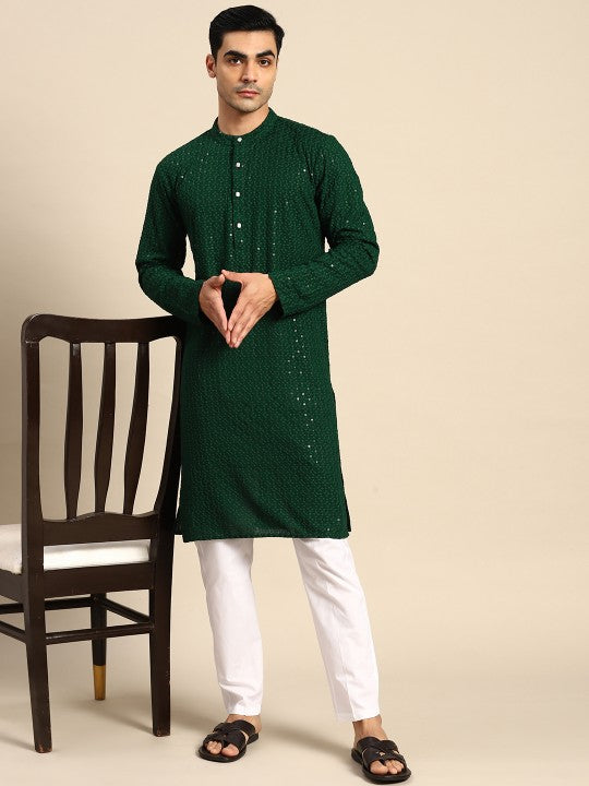 Floral Embroidered Sequinned Pure Cotton Kurta with Pyjamas