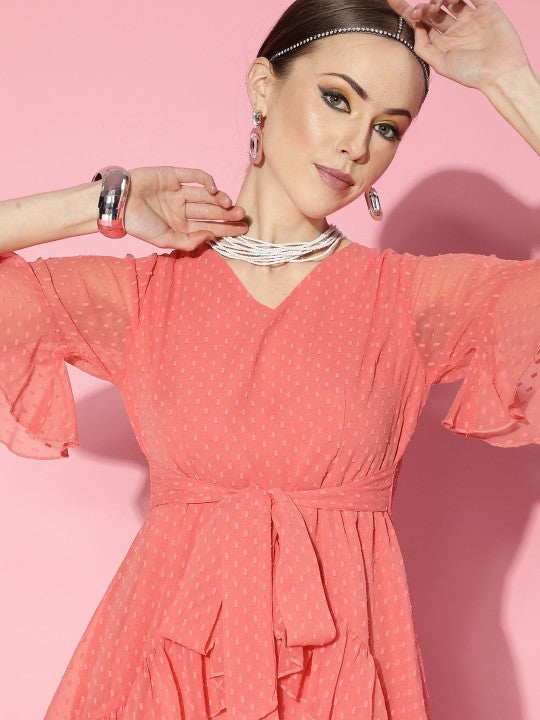 Pink Self Design Ruffle Detail Dress by Berrylush