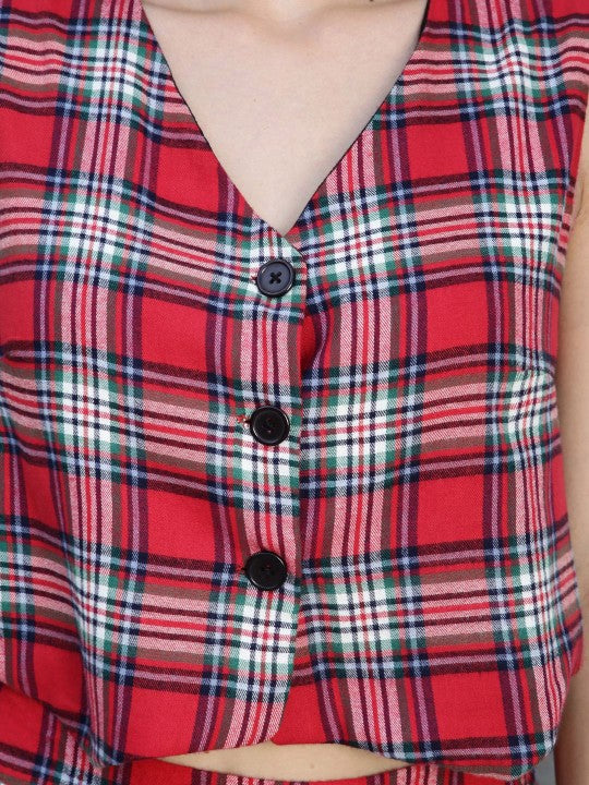 Checked Pure Cotton Waistcoat & Mini Skirt Co-Ords