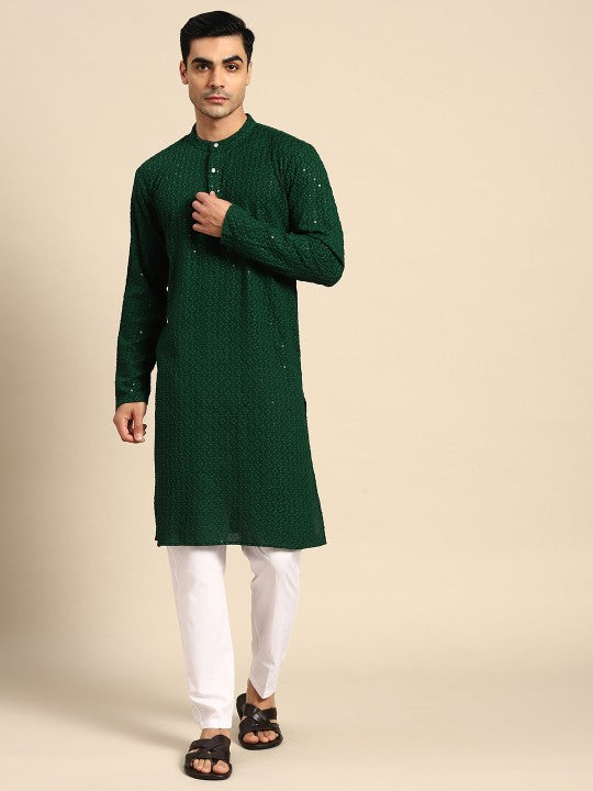Floral Embroidered Sequinned Pure Cotton Kurta with Pyjamas