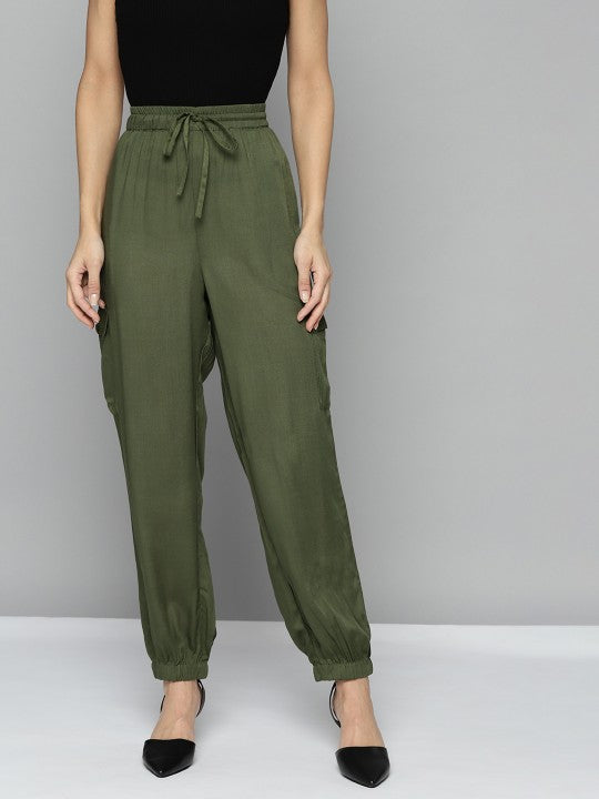 Women Olive Green Solid High-Rise Pleated Cargos Trousers
