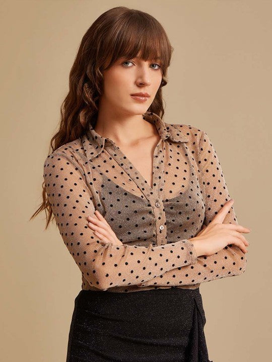 Women Polka Dots Printed Shirt Collar Top