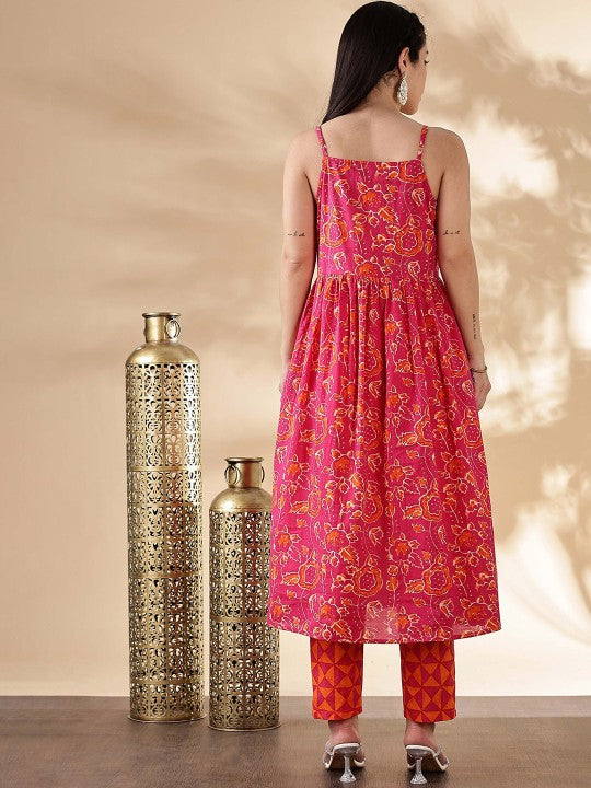 Pink Floral Printed Round Neck Pure Cotton Kurta with Trousers & Dupatta