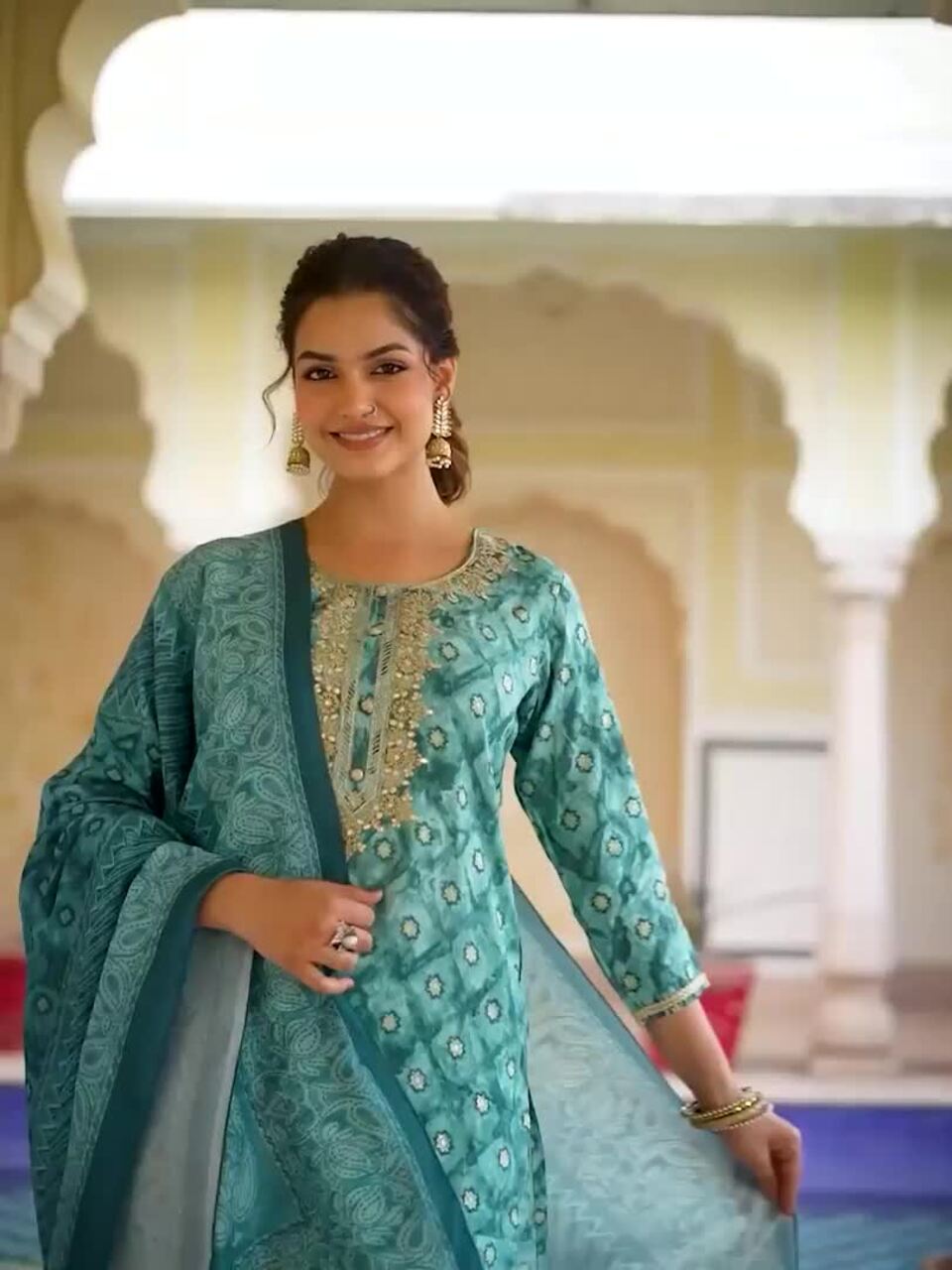 Bandhani Printed Kurta with Trousers & Dupatta