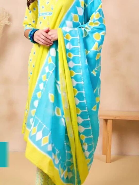 Ethnic Motifs Printed Pure Cotton Notched Neck Straight Kurta with Trouser & Dupatta