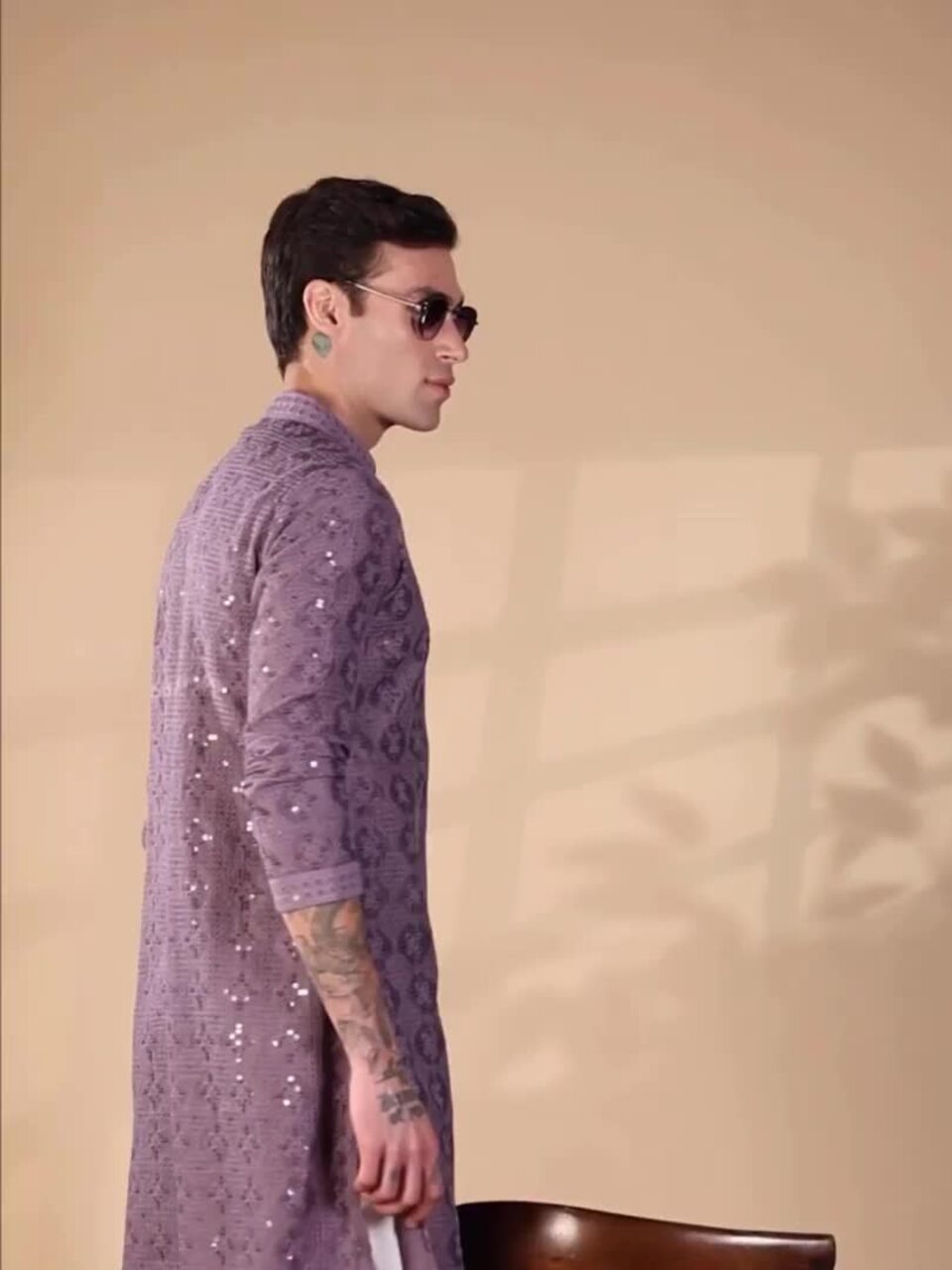 Purple Ethnic Embroidered Mandarin‑Collar Sequinned Lucknowi Cotton Straight Kurta