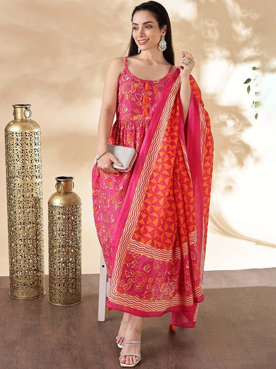 Pink Floral Printed Round Neck Pure Cotton Kurta with Trousers & Dupatta