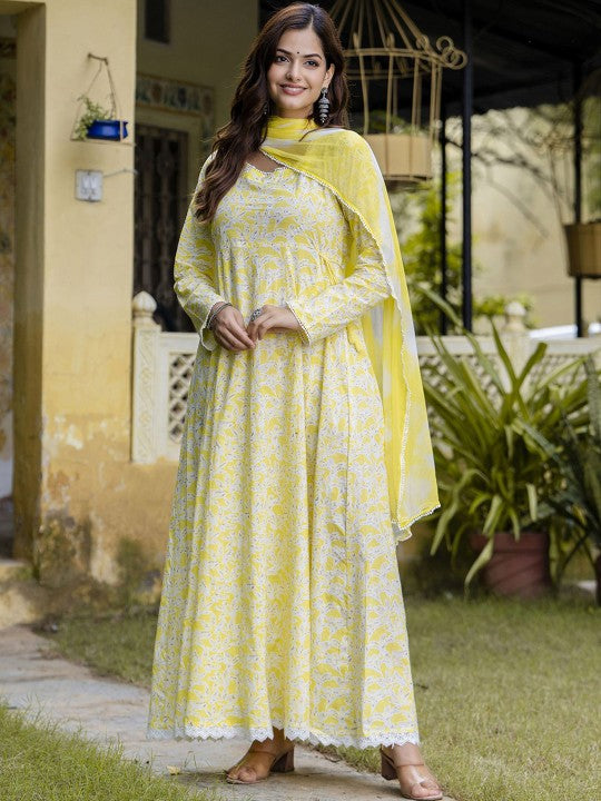 Floral Printed Pure Cotton Panelled Anarkali Kurta with Dupatta