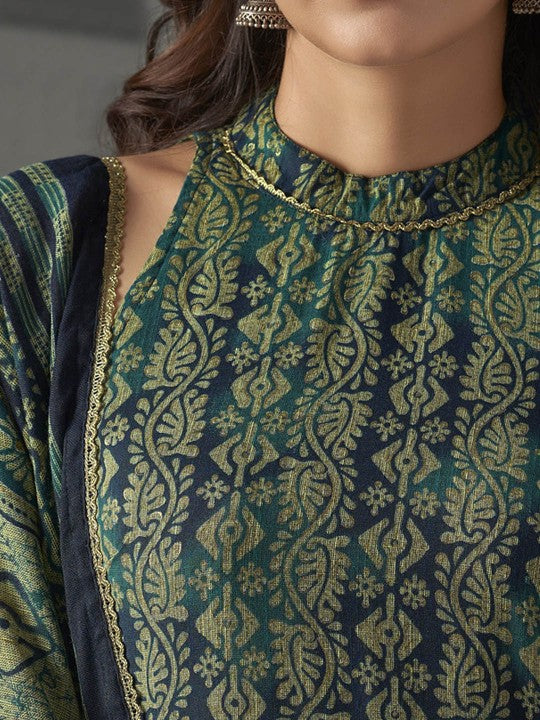 Blue Floral Printed Halter Neck Straight Kurta with Trousers & Dupatta