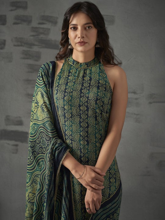 Blue Floral Printed Halter Neck Straight Kurta with Trousers & Dupatta