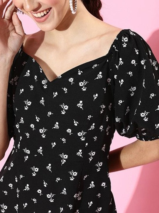 Print Puff Sleeve Crepe Fit & Flare Mini Dress