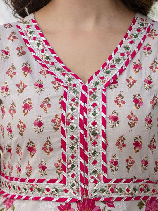 Cream-Coloured Floral Printed Pure Cotton Anarkali Kurta with Palazzos & Dupatta