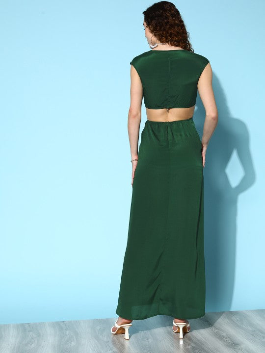 Green Satin Twisted A-Line Maxi Dress With Slit Detail by Berrylush