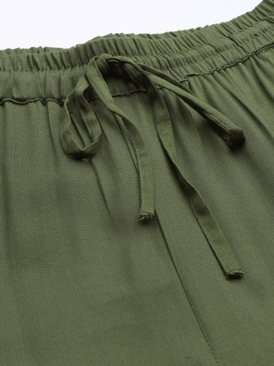 Women Olive Green Solid High-Rise Pleated Cargos Trousers