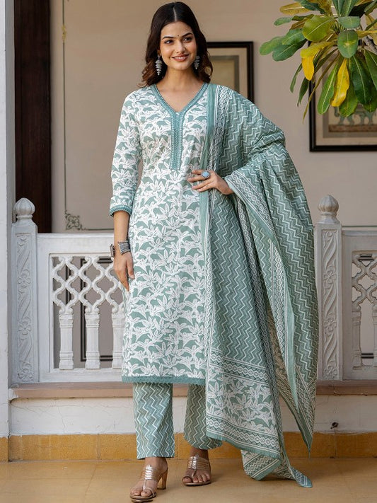 Floral Yoke Design Aari Work V‑Neck Pure Cotton Kurta with Trousers & Dupatta