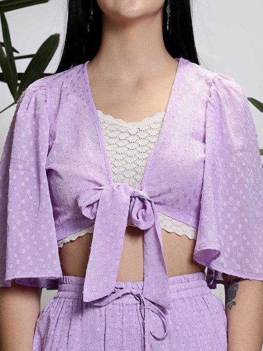 Purple Self Design V-Neck Flared Sleeves Top With Shorts Co-Ords
