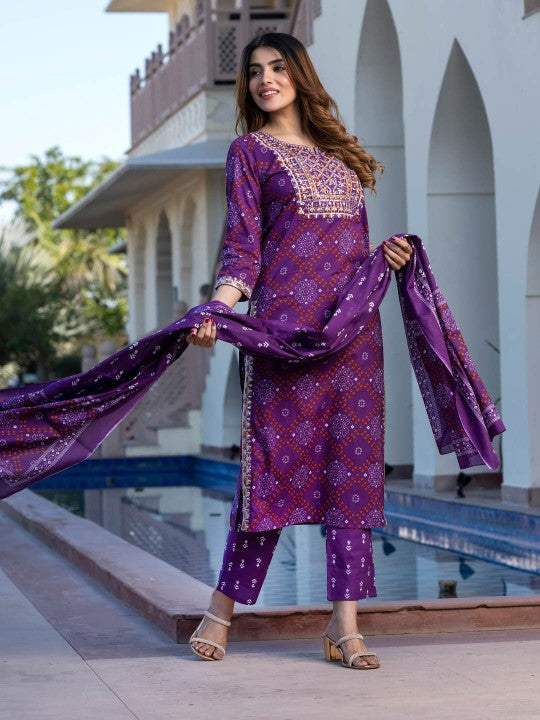 Ethnic Motifs Printed Embroidered Pure Cotton Kurta with Trousers & Dupatta