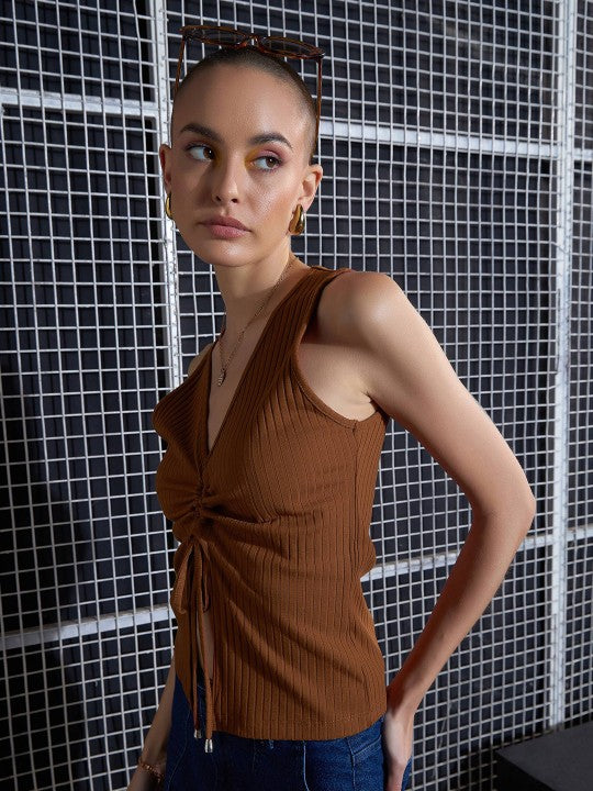 Brown Lace-Up Crop Top