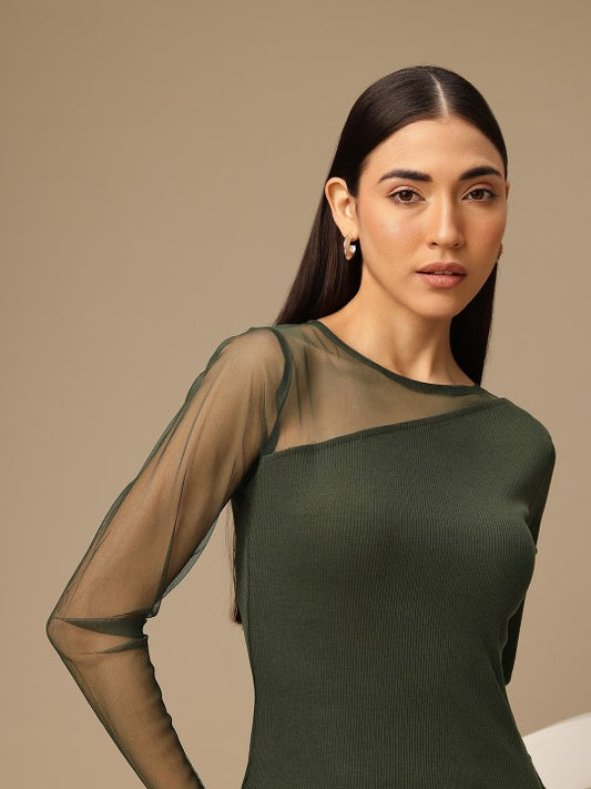 Contrast Net Sleeves Ribbed Top