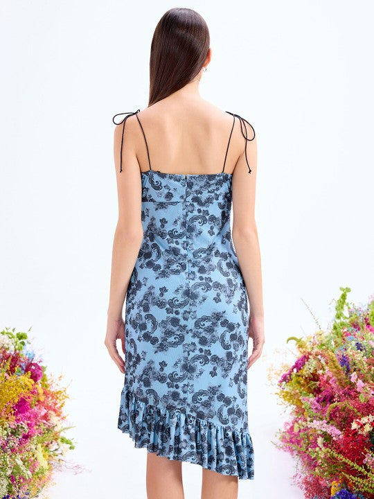 COVER STORY Blue Shoulder Straps Tropical Print Net Sheath Dress