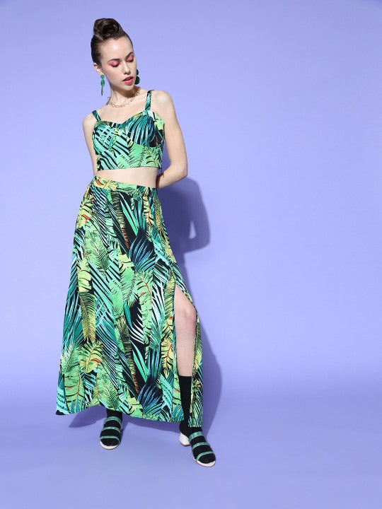 Women Green & Yellow Tropical Print Cami Top & A-Line Skirt