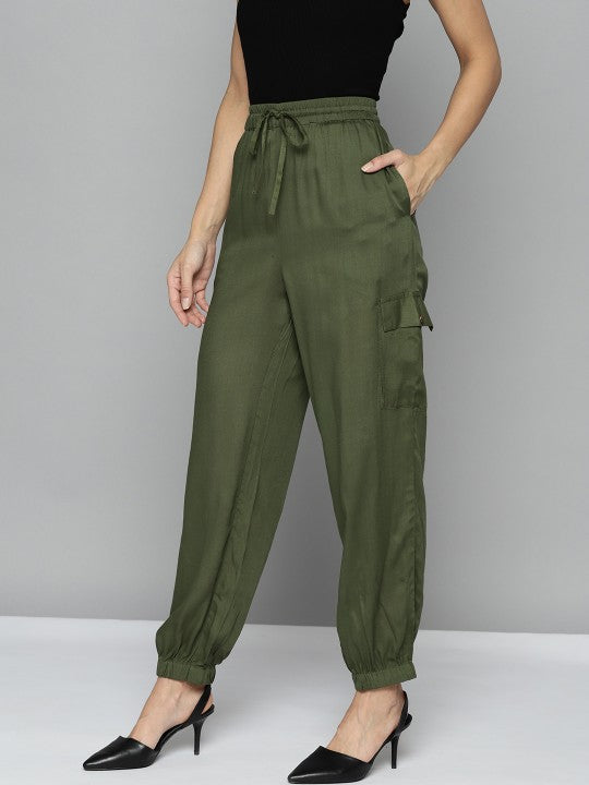 Women Olive Green Solid High-Rise Pleated Cargos Trousers