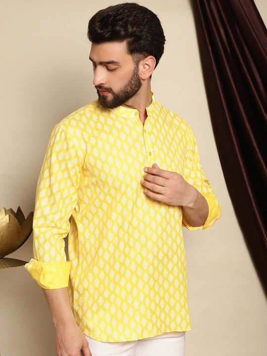 Floral Printed Long Sleeves Cotton Patchwork Short Kurta