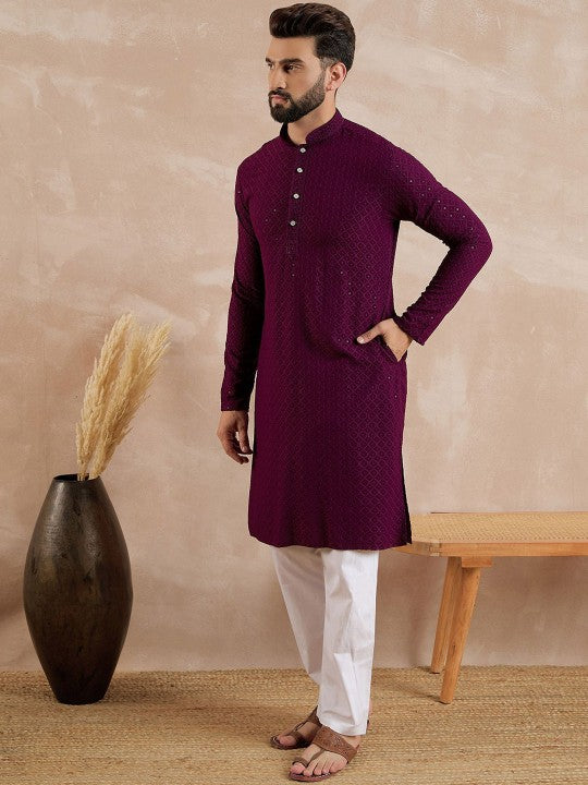 Geometric Embroidered Mandarin Collar Sequinned Straight Kurta