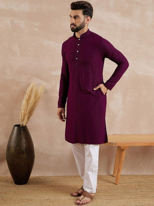Geometric Embroidered Mandarin Collar Sequinned Straight Kurta